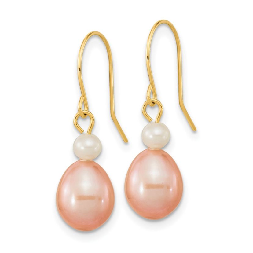 14K Yellow Gold 7-8mm White/Pink Round/Rice Freshwater Cultured Pearl Dangle Earrings