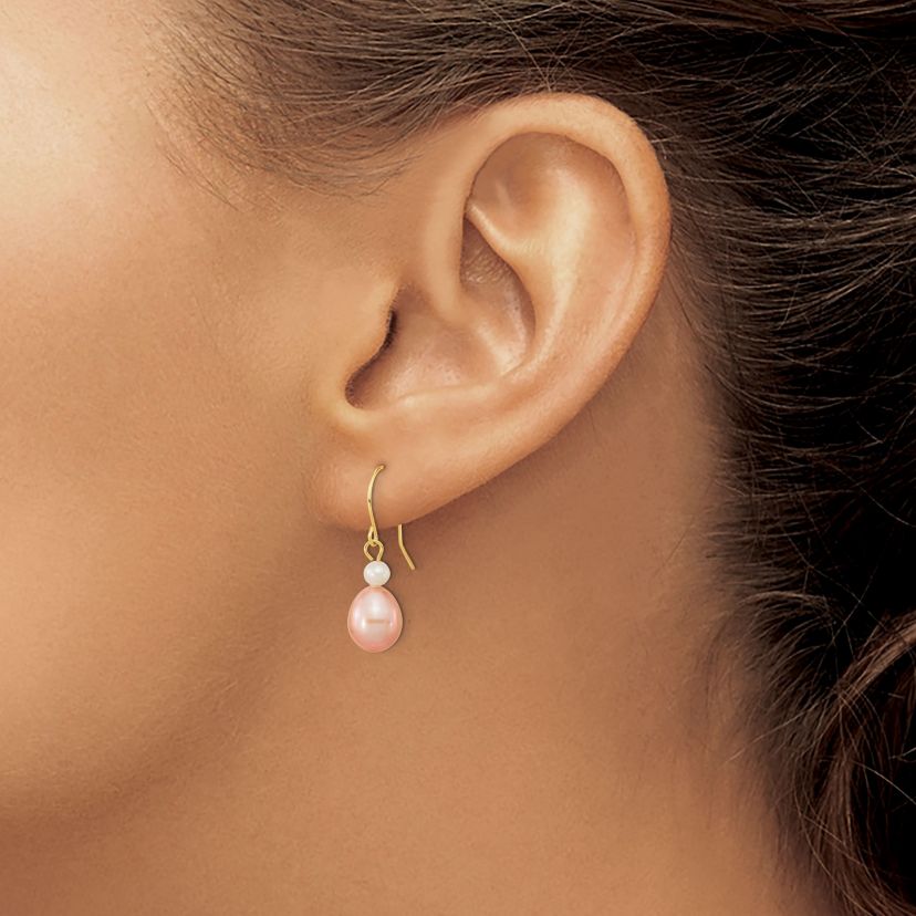 14K Yellow Gold 7-8mm White/Pink Round/Rice Freshwater Cultured Pearl Dangle Earrings