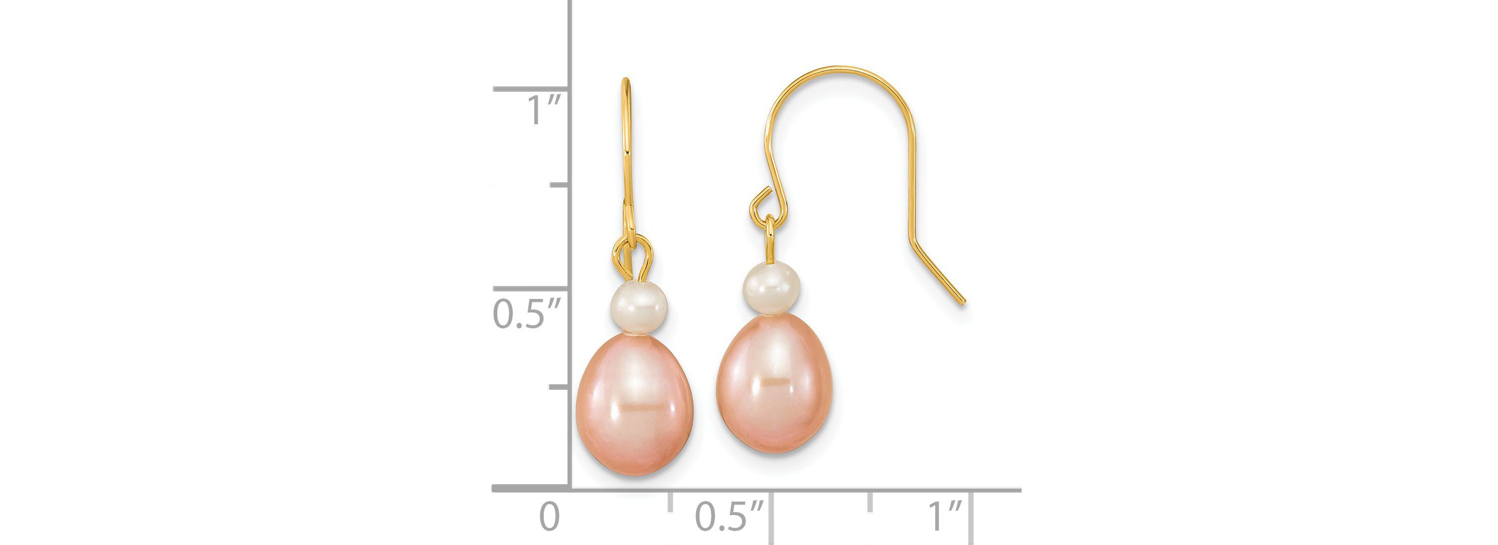 14K Yellow Gold 7-8mm White/Pink Round/Rice Freshwater Cultured Pearl Dangle Earrings