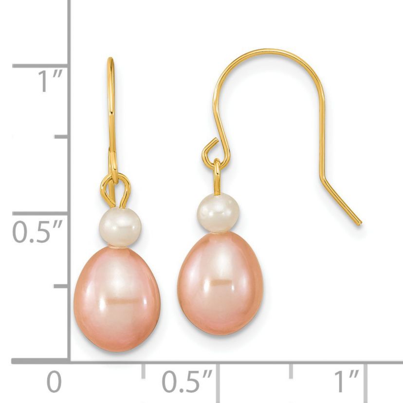 14K Yellow Gold 7-8mm White/Pink Round/Rice Freshwater Cultured Pearl Dangle Earrings