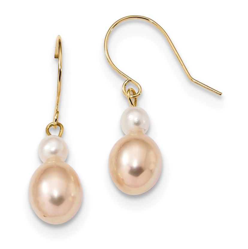14K Yellow Gold 7-8mm White/Pink Round/Rice Freshwater Cultured Pearl Dangle Earrings