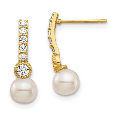 Belk & Co 14K Yellow Gold 6mm White Semi-round Freshwater Cultured Pearl Cubic Zirconia Post Drop Earrings
