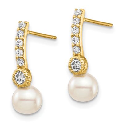 14K Yellow Gold 6mm White Semi-round Freshwater Cultured Pearl Cubic Zirconia Post Drop Earrings