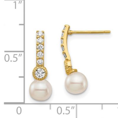 14K Yellow Gold 6mm White Semi-round Freshwater Cultured Pearl Cubic Zirconia Post Drop Earrings