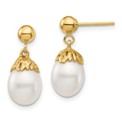 14K Yellow Gold 7-8mm White Rice Freshwater Cultured Pearl Dangle Post Earrings