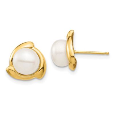 14K Yellow Gold 7-8mm Yellow Button Freshwater Cultured Pearl Post Earrings