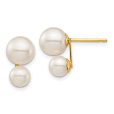 14K Yellow Gold 5 and 7mm White Round Freshwater Cultured Double Pearl Post Earrings