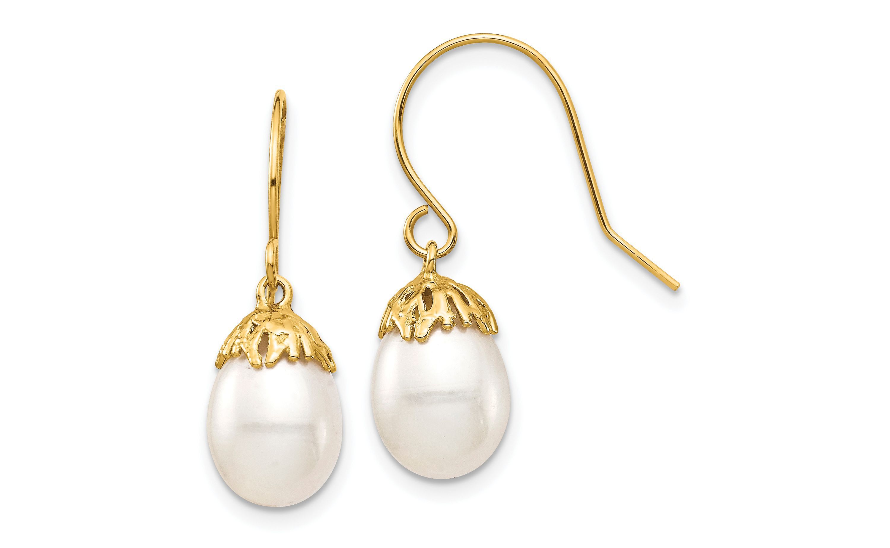 14K Yellow Gold 7-8mm White Rice Freshwater Cultured Pearl Dangle Earrings