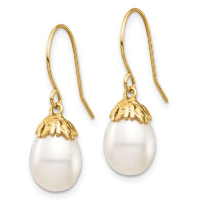 14K Yellow Gold 7-8mm White Rice Freshwater Cultured Pearl Dangle Earrings