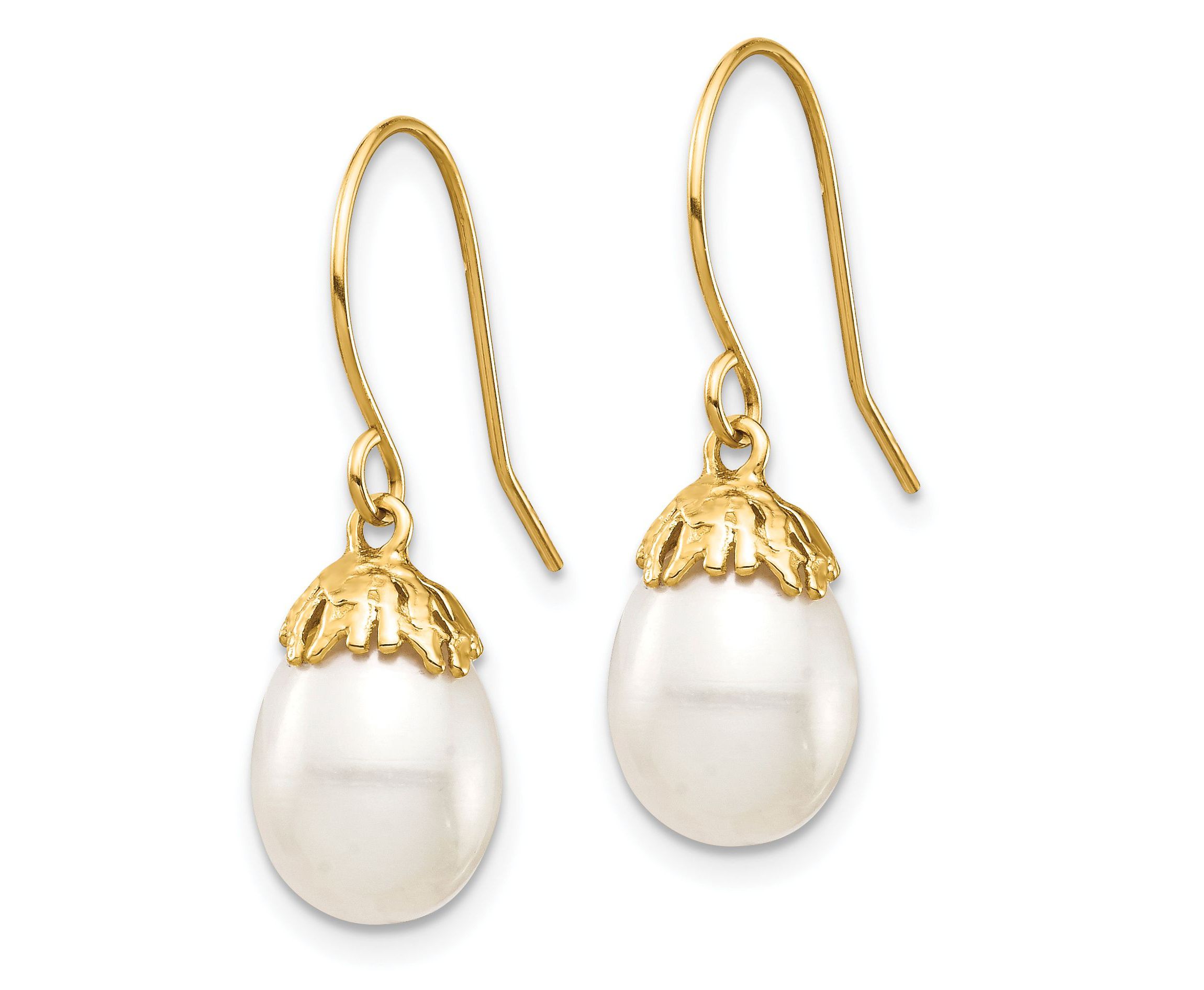 14K Yellow Gold 7-8mm White Rice Freshwater Cultured Pearl Dangle Earrings