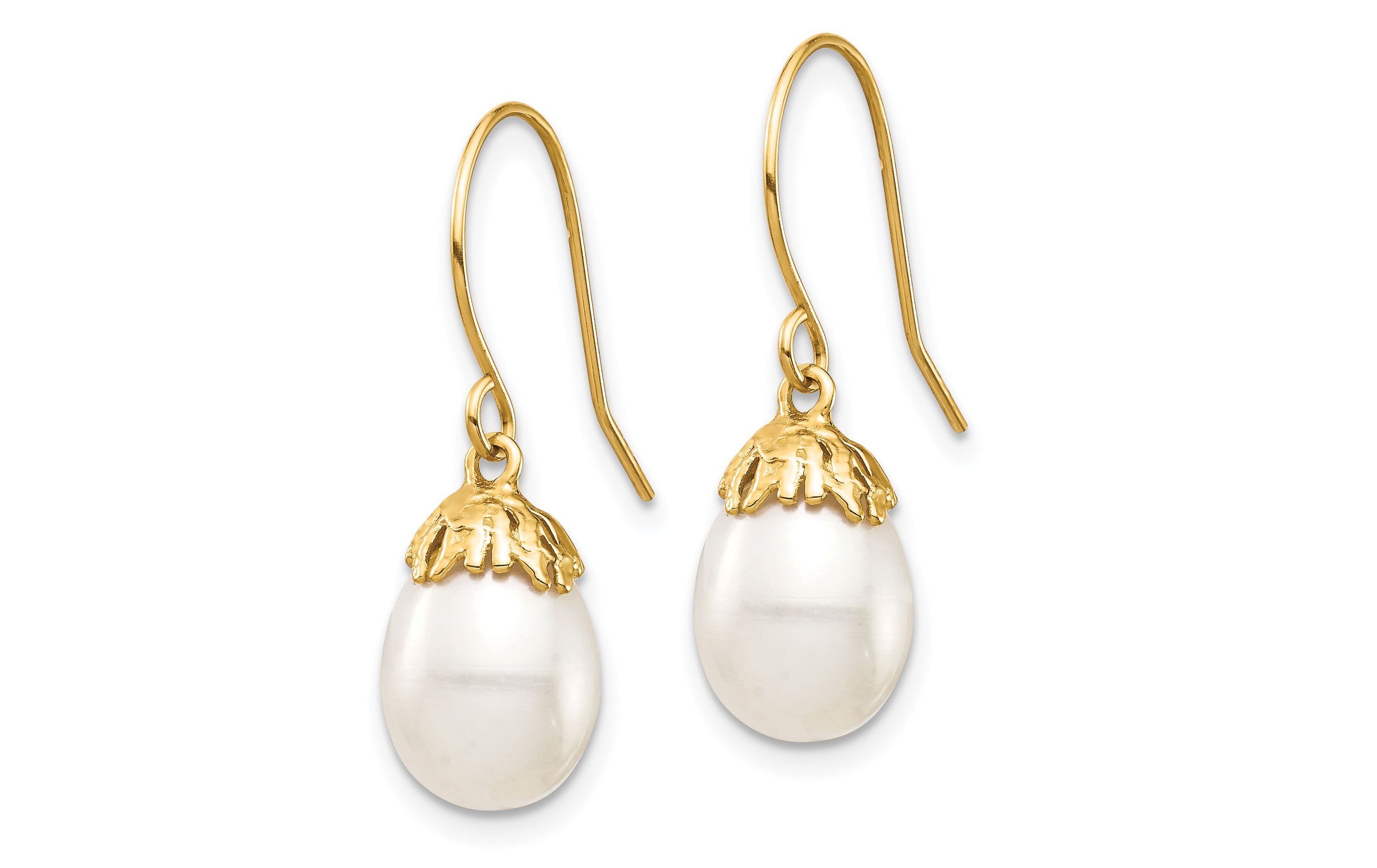 14K Yellow Gold 7-8mm White Rice Freshwater Cultured Pearl Dangle Earrings