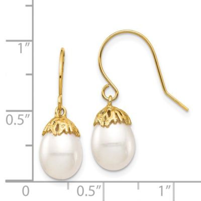 14K Yellow Gold 7-8mm White Rice Freshwater Cultured Pearl Dangle Earrings