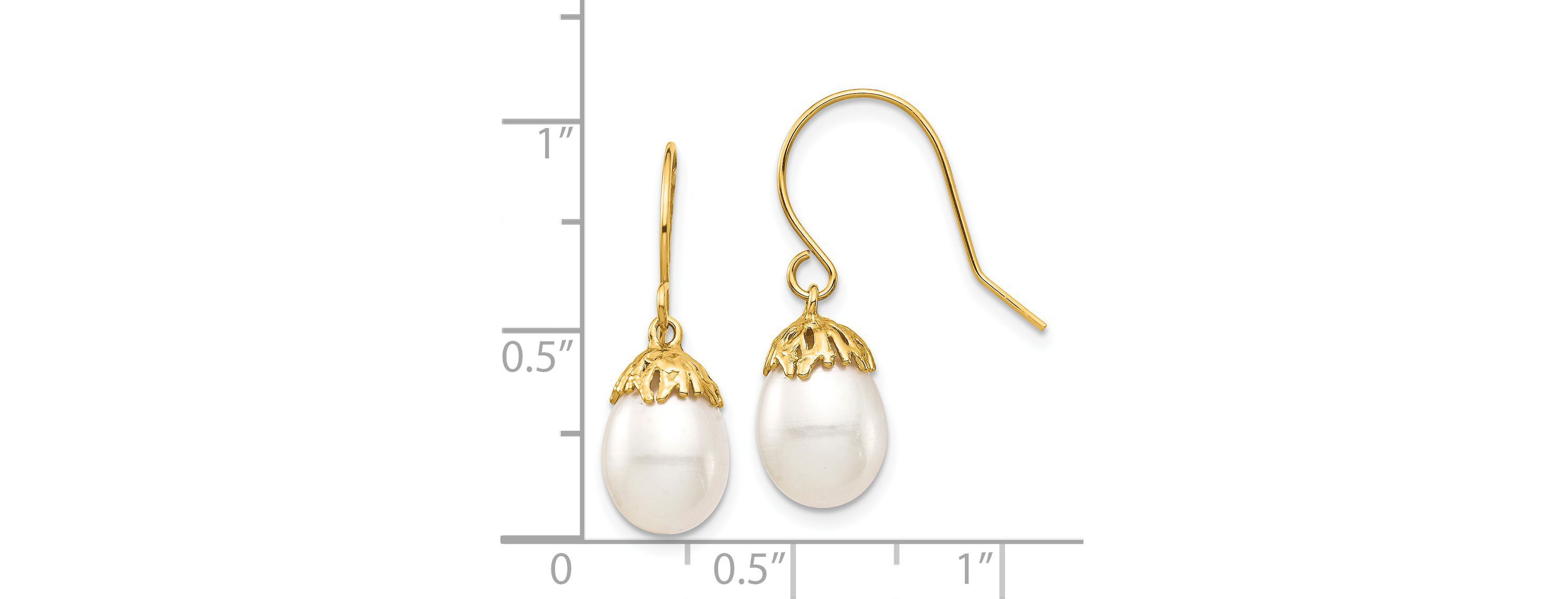 14K Yellow Gold 7-8mm White Rice Freshwater Cultured Pearl Dangle Earrings