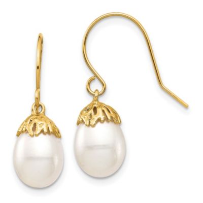 14K Yellow Gold 7-8mm White Rice Freshwater Cultured Pearl Dangle Earrings