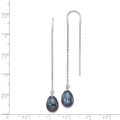 14K White Gold 7-8mm Black Teardrop Freshwater Cultured Pearl Threader Earrings