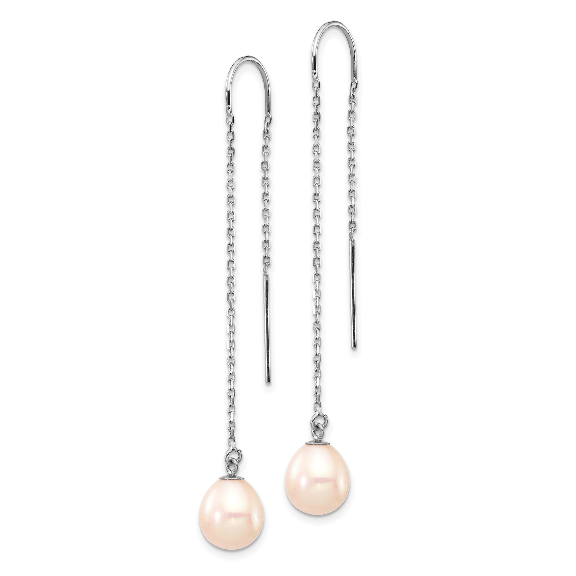 14K White Gold 7-8mm White Teardrop Freshwater Cultured Pearl Threader Earrings