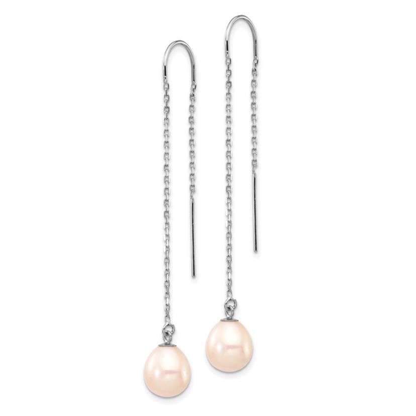 14K White Gold 7-8mm White Teardrop Freshwater Cultured Pearl Threader Earrings