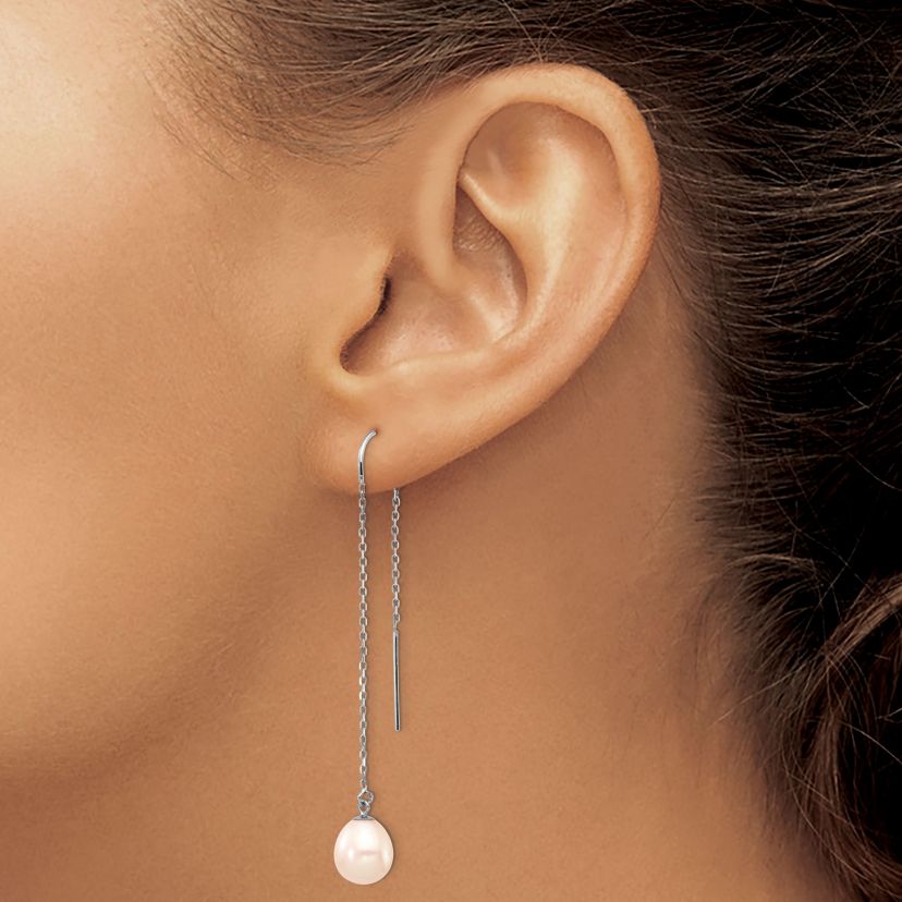 14K White Gold 7-8mm White Teardrop Freshwater Cultured Pearl Threader Earrings
