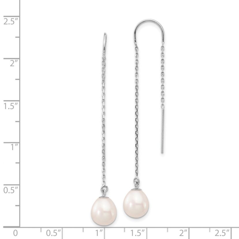 14K White Gold 7-8mm White Teardrop Freshwater Cultured Pearl Threader Earrings