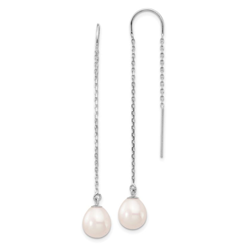 14K White Gold 7-8mm White Teardrop Freshwater Cultured Pearl Threader Earrings