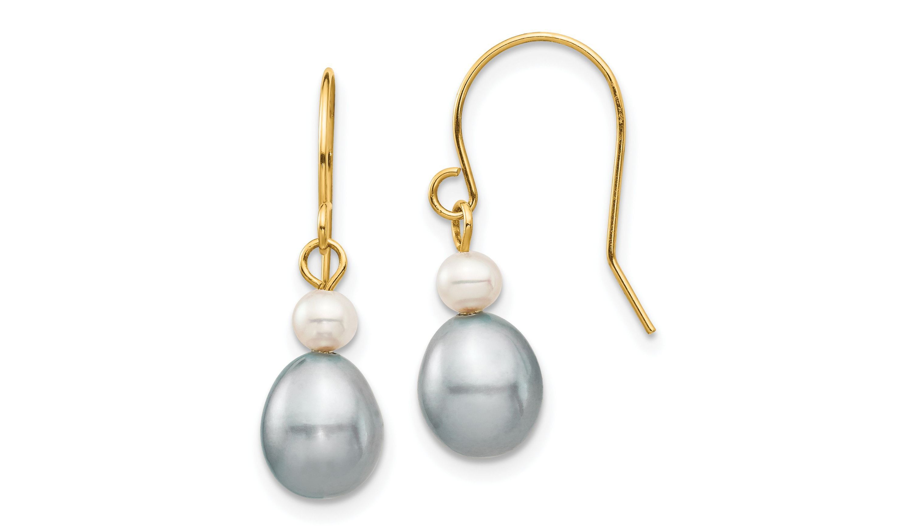 14K Yellow Gold 4-7mm White/Grey Round/Rice Freshwater Cultured Pearl Dangle Earrings