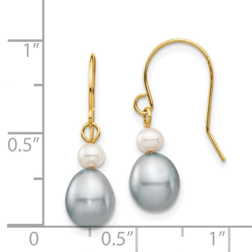 14K Yellow Gold 4-7mm White/Grey Round/Rice Freshwater Cultured Pearl Dangle Earrings