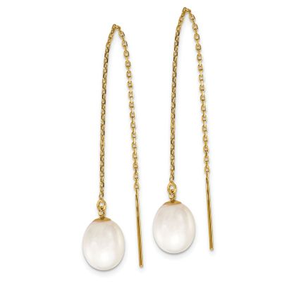 14K Yellow Gold 7-8mm White Rice Freshwater Cultured Pearl Cable Chain Threader Earrings