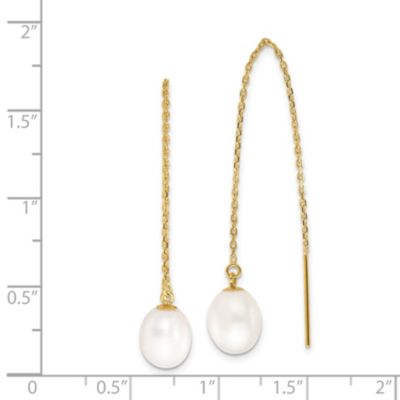 14K Yellow Gold 7-8mm White Rice Freshwater Cultured Pearl Cable Chain Threader Earrings