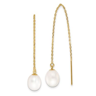 14K Yellow Gold 7-8mm White Rice Freshwater Cultured Pearl Cable Chain Threader Earrings