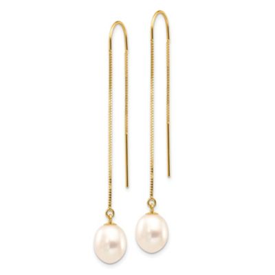 14K Yellow Gold 7-8mm White Rice Freshwater Cultured Pearl Box Chain Threader Earrings