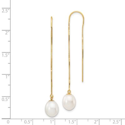 14K Yellow Gold 7-8mm White Rice Freshwater Cultured Pearl Box Chain Threader Earrings