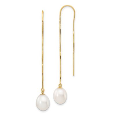 14K Yellow Gold 7-8mm White Rice Freshwater Cultured Pearl Box Chain Threader Earrings