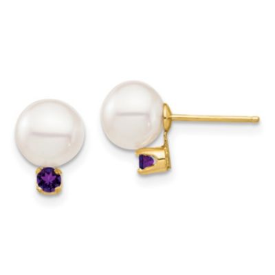Belk & Co 1/8 ct. t.w. Amethyst and 7-7.5mm White Round Freshwater Cultured Pearl Post Earrings in 14K Yellow Gold