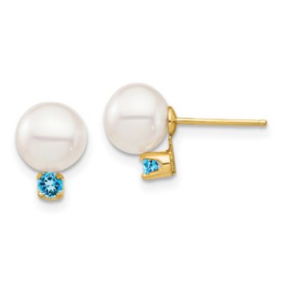 Belk & Co 1/8 ct. t.w. Swiss Blue Topaz and 7-7.5mm White Round Freshwater Cultured Pearl Post Earrings in 14K Yellow Gold