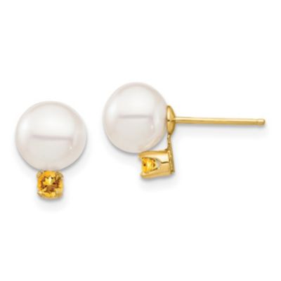 Belk & Co 1/8 ct. t.w. Citrine and 7-7.5mm White Round Freshwater Cultured Pearl Post Earrings in 14K Yellow Gold