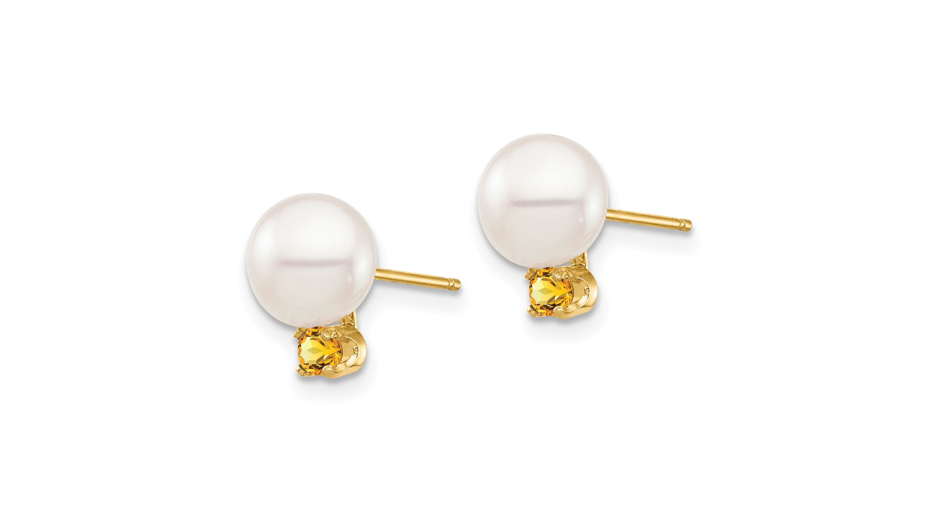 1/8 ct. t.w. Citrine and 7-7.5mm White Round Freshwater Cultured Pearl Post Earrings in 14K Yellow Gold