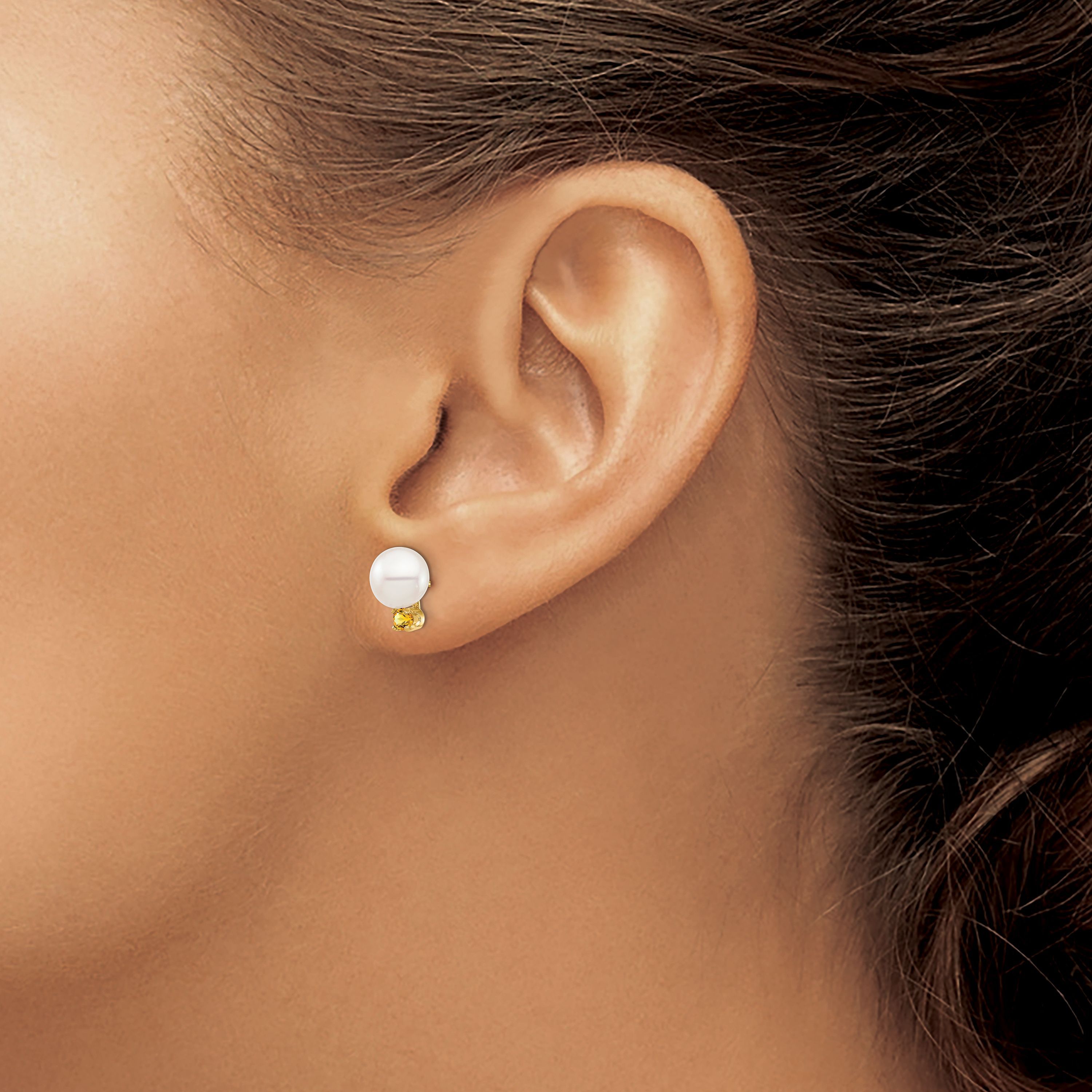 1/8 ct. t.w. Citrine and 7-7.5mm White Round Freshwater Cultured Pearl Post Earrings in 14K Yellow Gold