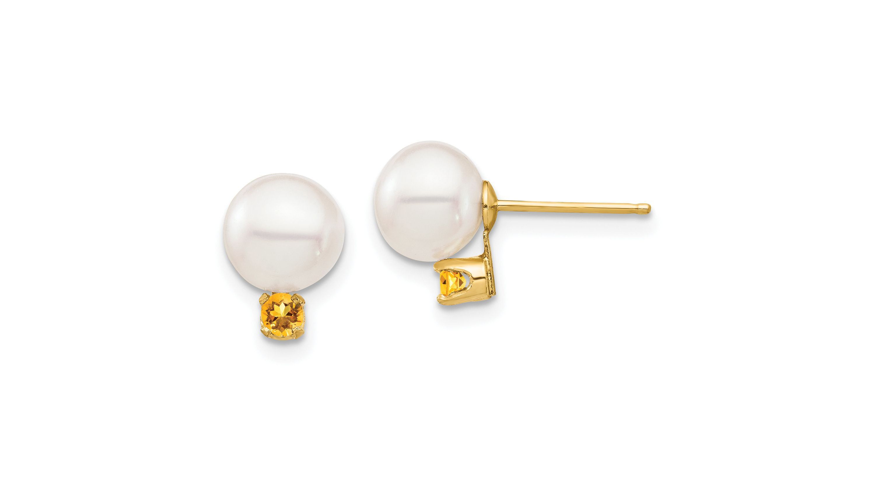 1/8 ct. t.w. Citrine and 7-7.5mm White Round Freshwater Cultured Pearl Post Earrings in 14K Yellow Gold
