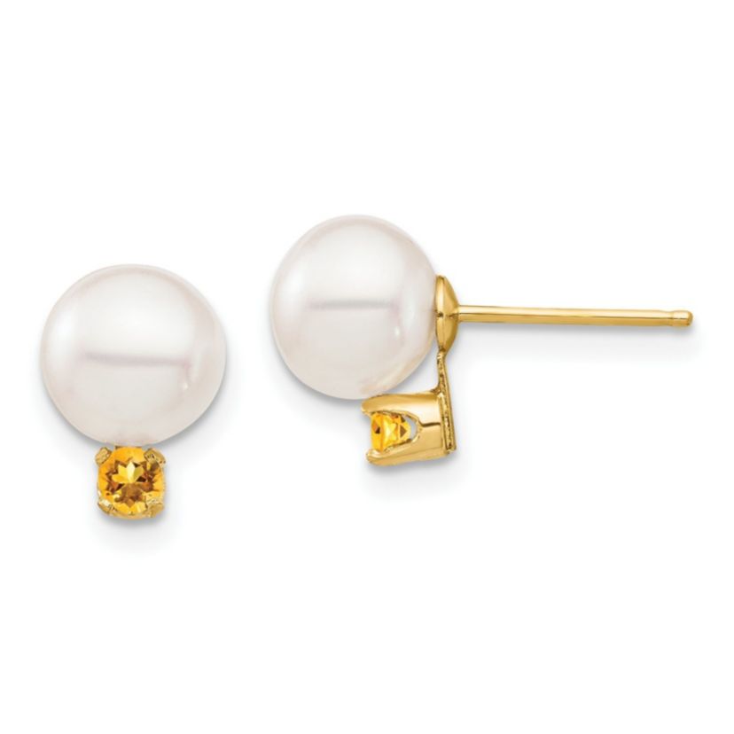 1/8 ct. t.w. Citrine and 7-7.5mm White Round Freshwater Cultured Pearl Post Earrings in 14K Yellow Gold