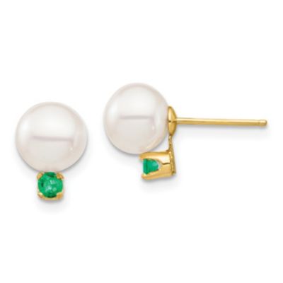 Belk & Co 1/5 ct. t.w. Emerald and 7-7.5mm White Round Freshwater Cultured Pearl Post Earrings in 14K Yellow Gold