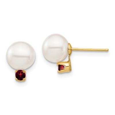 Belk & Co 1/5 ct. t.w. Garnet and 7-7.5mm White Round Freshwater Cultured Pearl Post Earrings in 14K Yellow Gold