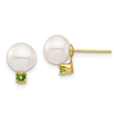 Belk & Co 1/8 ct. t.w. Peridot and 7-7.5mm White Round Freshwater Cultured Pearl Post Earrings in 14K Yellow Gold