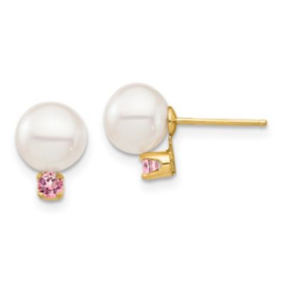 Belk & Co 1/8 ct. t.w. Pink Topaz and 7-7.5mm White Round Freshwater Cultured Pearl Post Earrings in 14K Yellow Gold