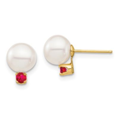 Belk & Co 1/5 ct. t.w. Ruby and 7-7.5mm White Round Freshwater Cultured Pearl Post Earrings in 14K Yellow Gold