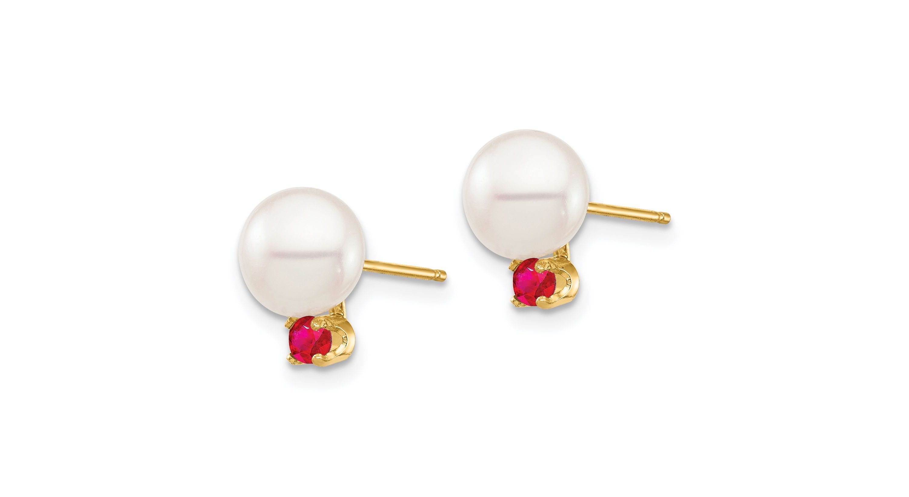 1/5 ct. t.w. Ruby and 7-7.5mm White Round Freshwater Cultured Pearl Post Earrings in 14K Yellow Gold