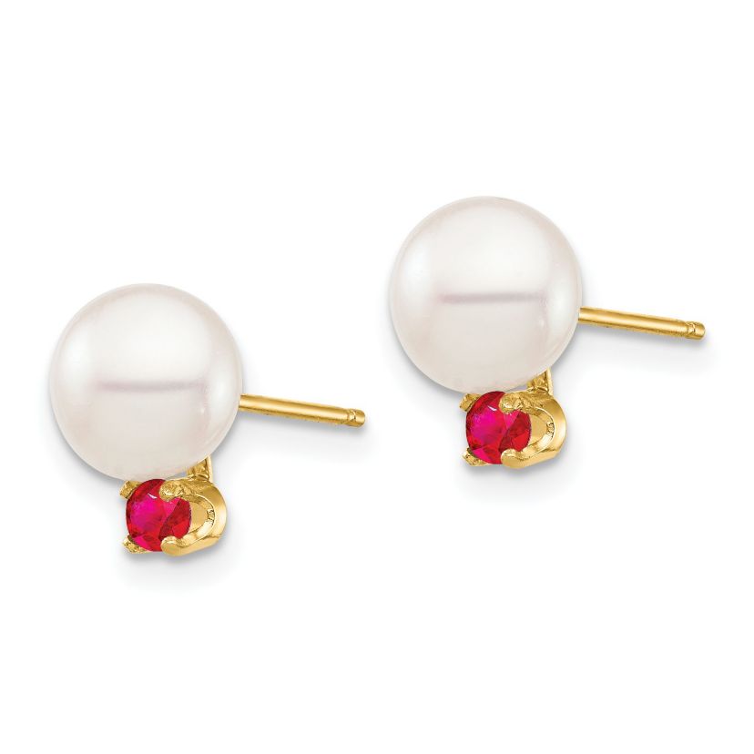 1/5 ct. t.w. Ruby and 7-7.5mm White Round Freshwater Cultured Pearl Post Earrings in 14K Yellow Gold