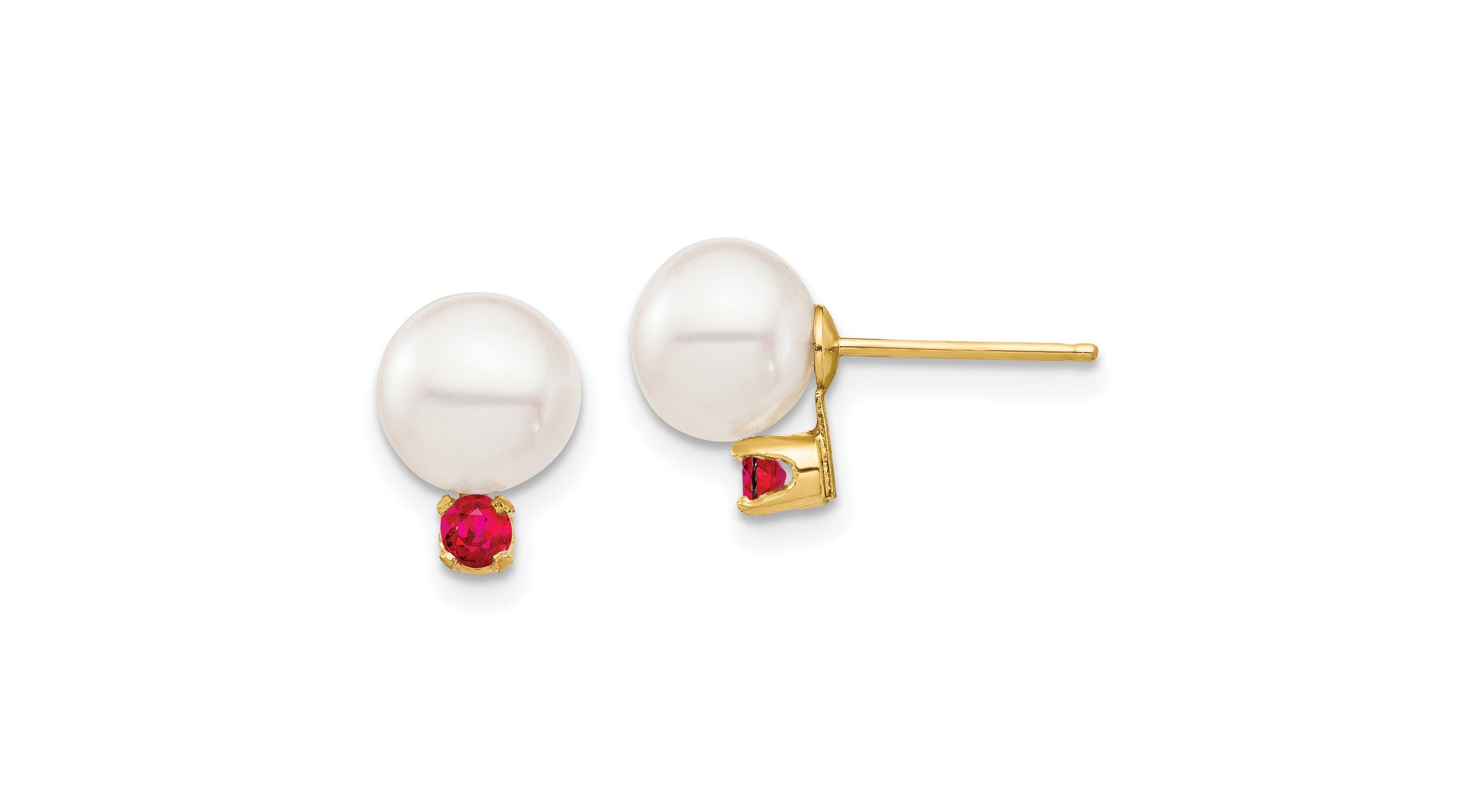 1/5 ct. t.w. Ruby and 7-7.5mm White Round Freshwater Cultured Pearl Post Earrings in 14K Yellow Gold