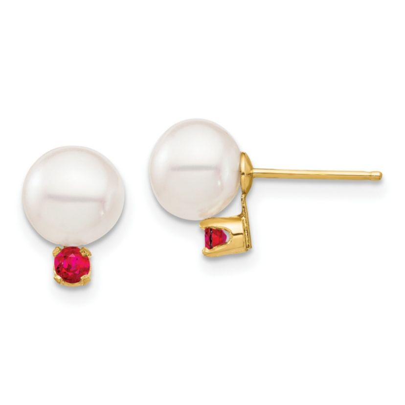 1/5 ct. t.w. Ruby and 7-7.5mm White Round Freshwater Cultured Pearl Post Earrings in 14K Yellow Gold