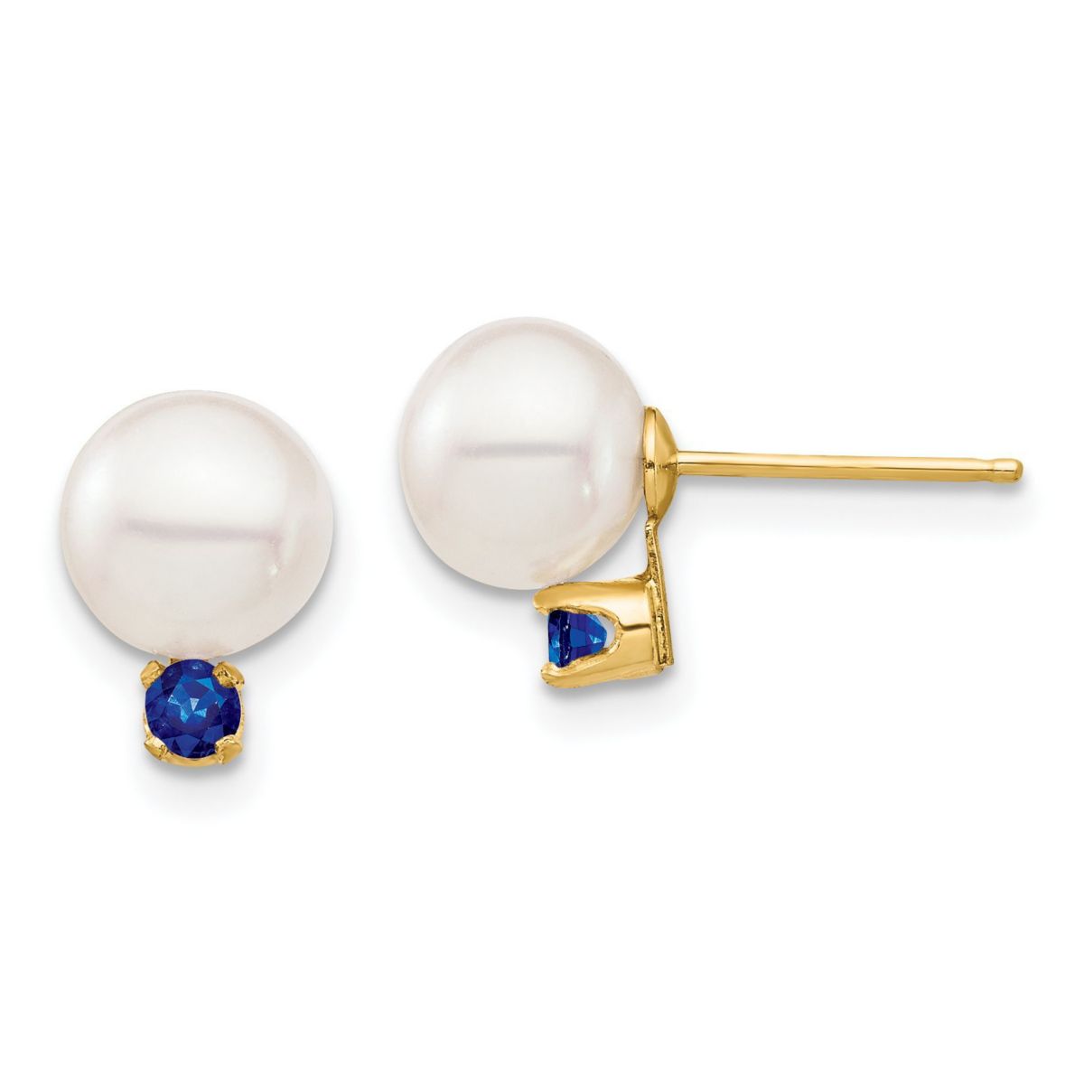 1/5 ct. t.w. Sapphire and 7-7.5mm White Round Freshwater Cultured Pearl Post Earrings in 14K Yellow Gold