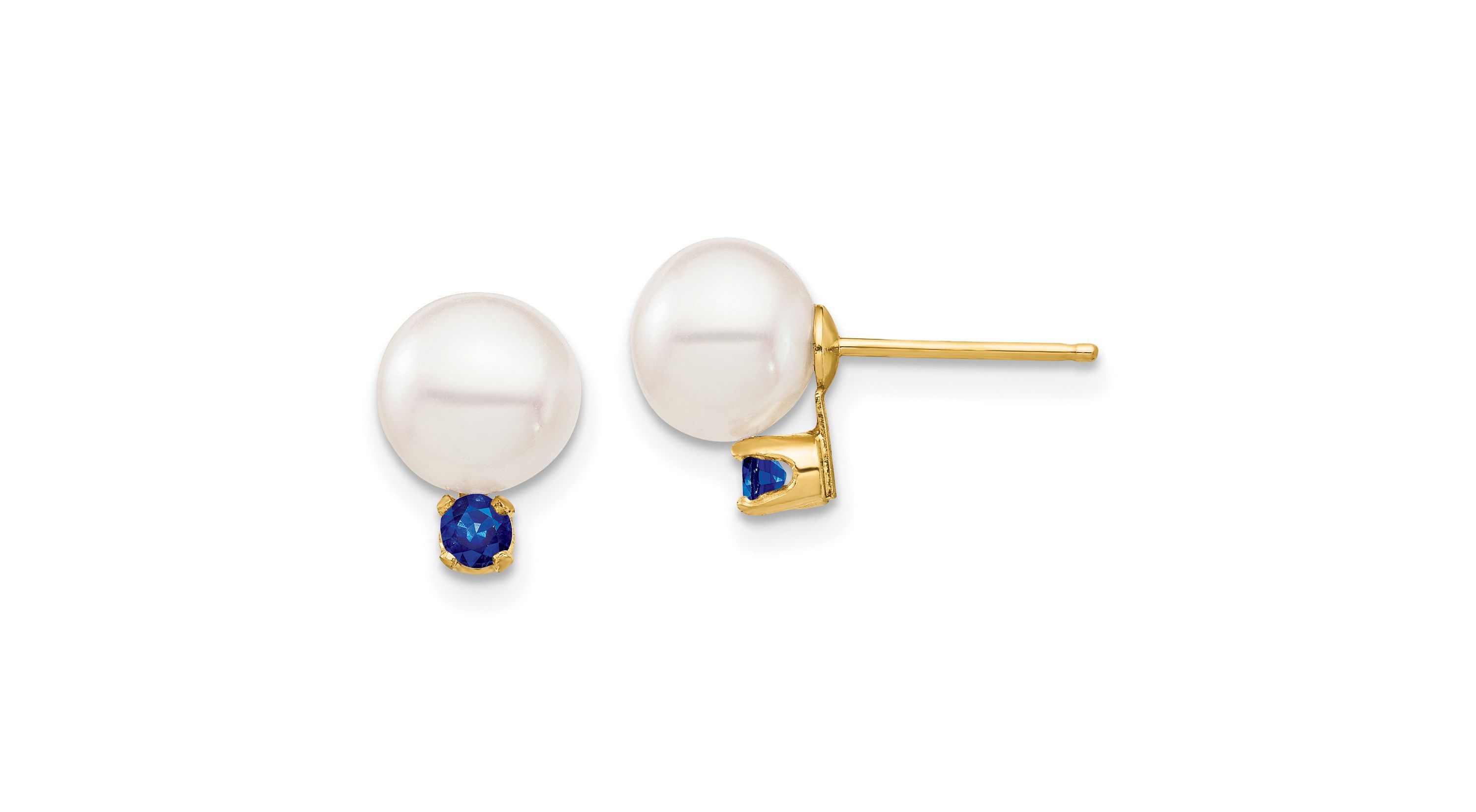 1/5 ct. t.w. Sapphire and 7-7.5mm White Round Freshwater Cultured Pearl Post Earrings in 14K Yellow Gold
